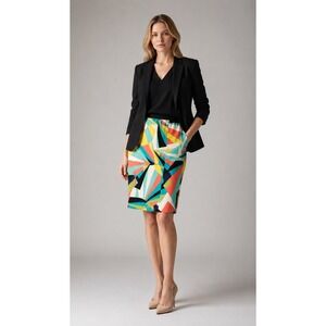 Abstract Geometric Print Pencil Skirt Colorblock Neon Midi Art Pop Size 8